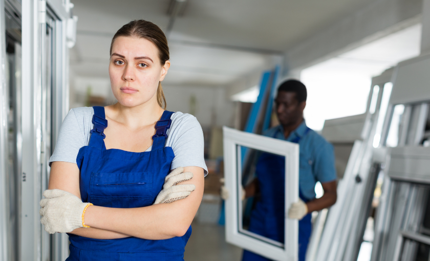 Unzufriedene Mitarbeiterin in Arbeitskleidung mit verschränkten Armen in einer Werkstatt – Job Hugging betrifft auch Handwerk und Produktion